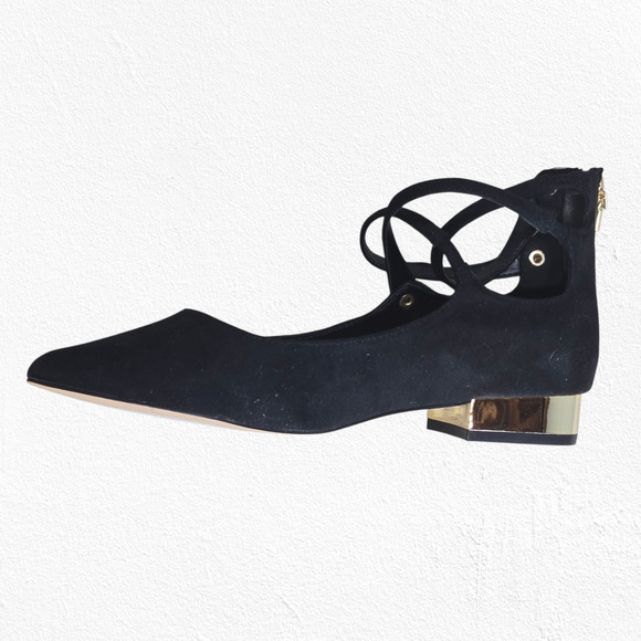 Aldo Black Suede Marieta Lace-Up Flats Gold Heel Zip Ballet Shoes Size 6.5 NWT - Picture 11 of 13